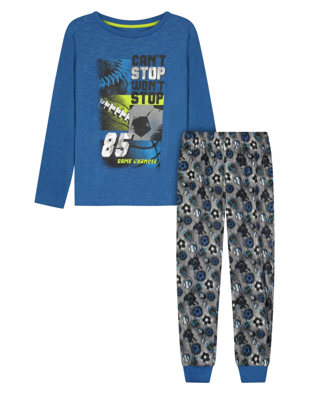Children's blue long-sleeve shirt and patterned pants set on a white background