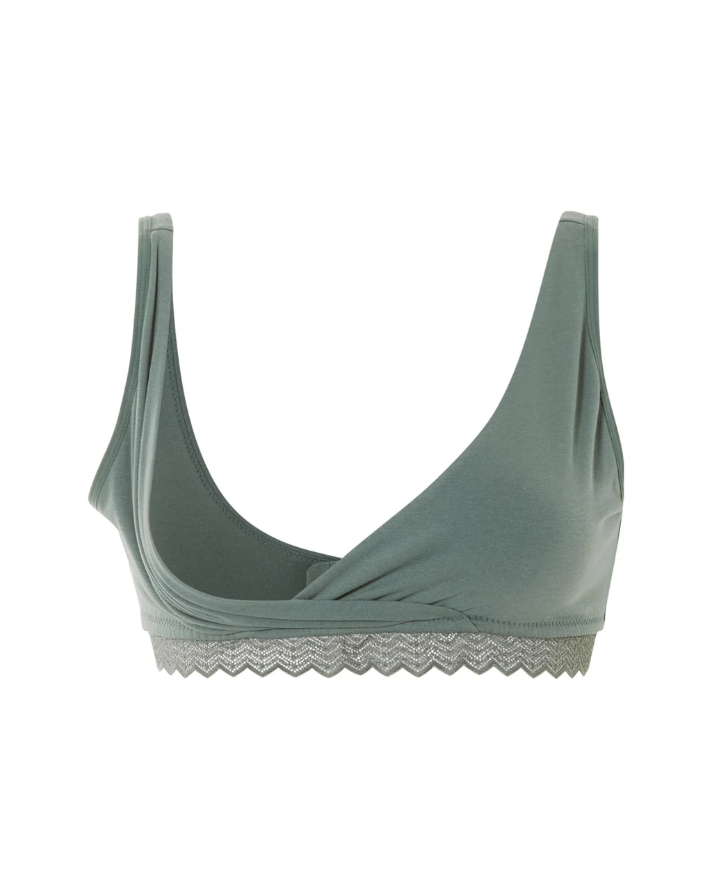 Green bra with lace trim on a white background