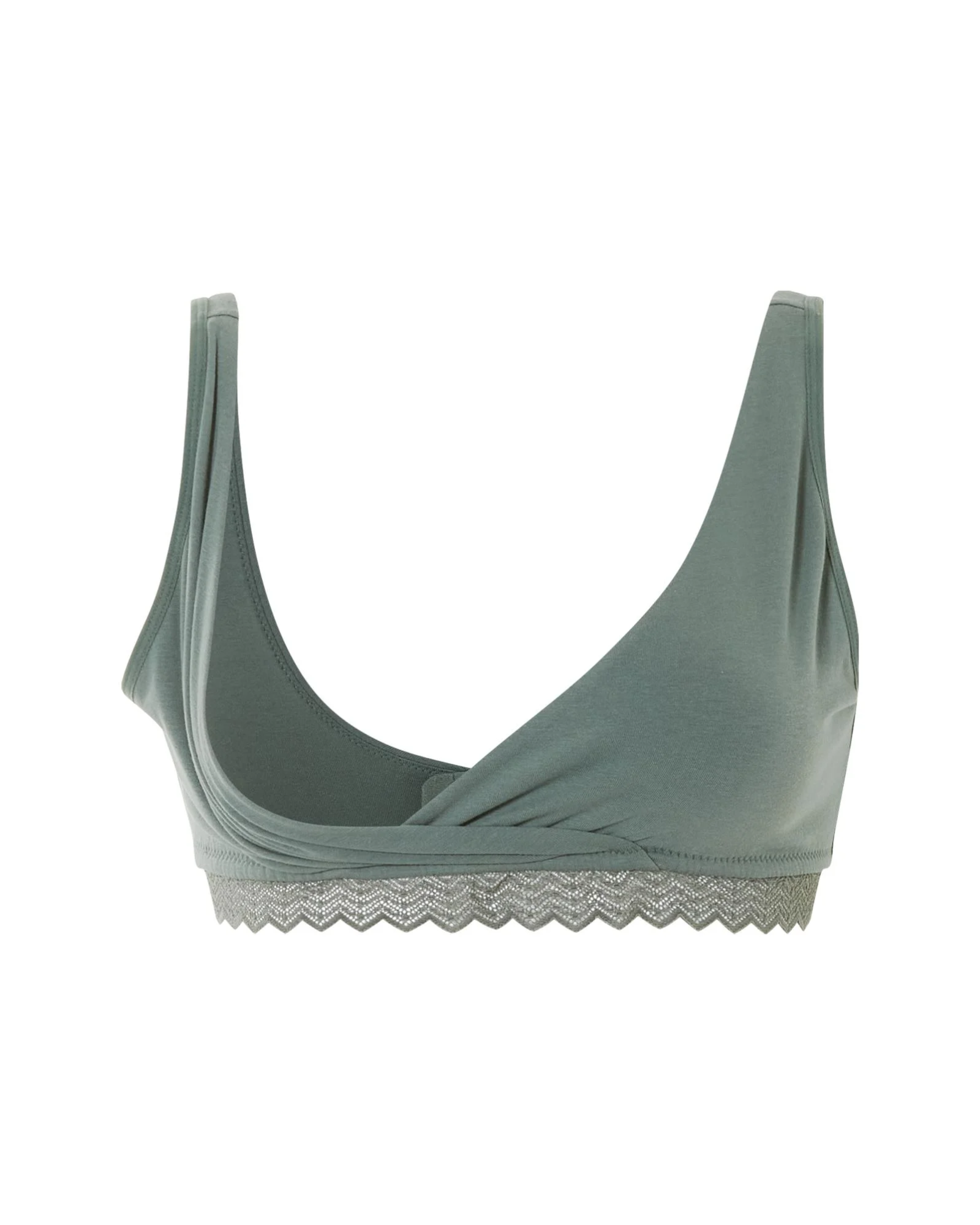Green bra with lace trim on a white background