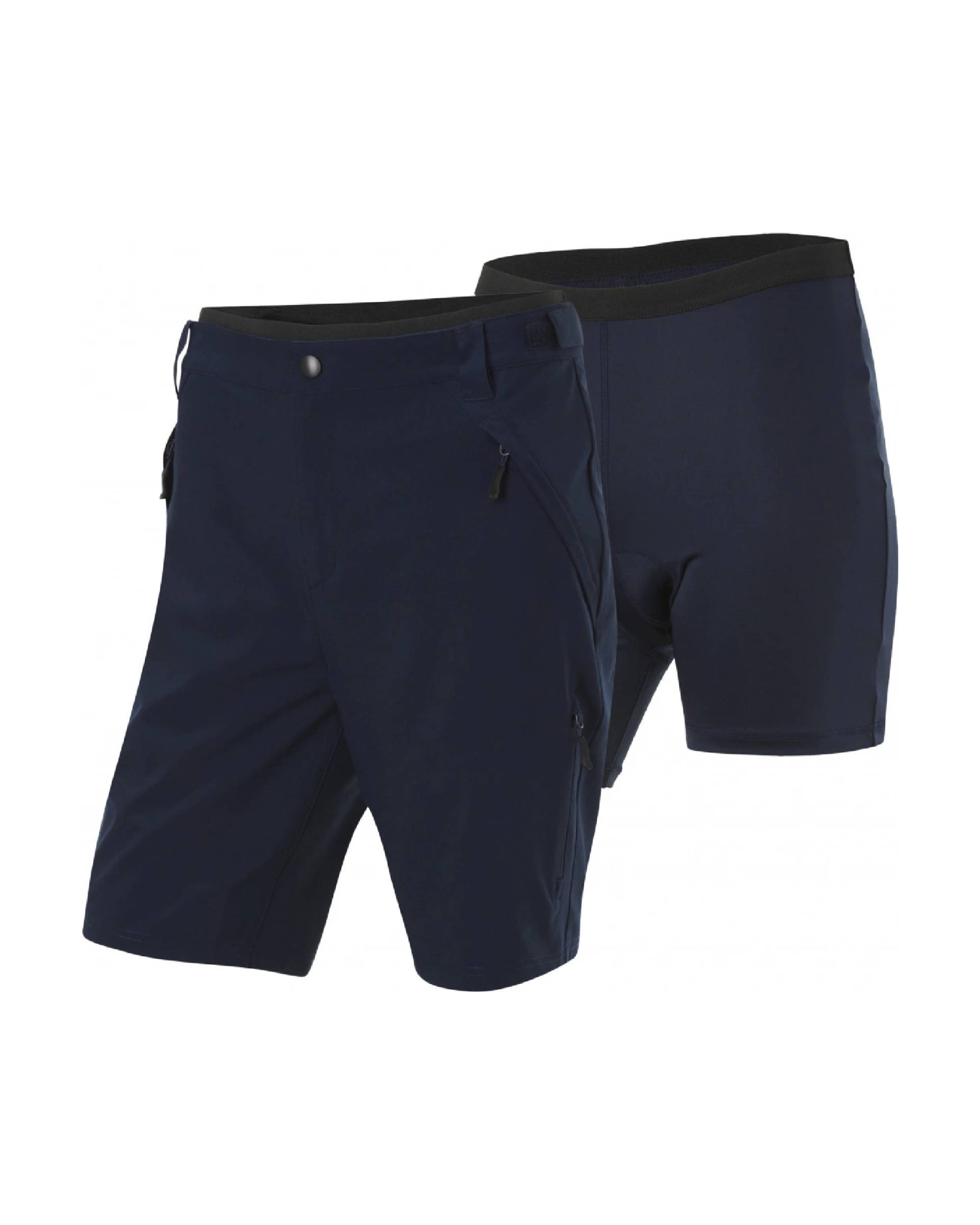 Navy blue athletic shorts with black waistband on a white background