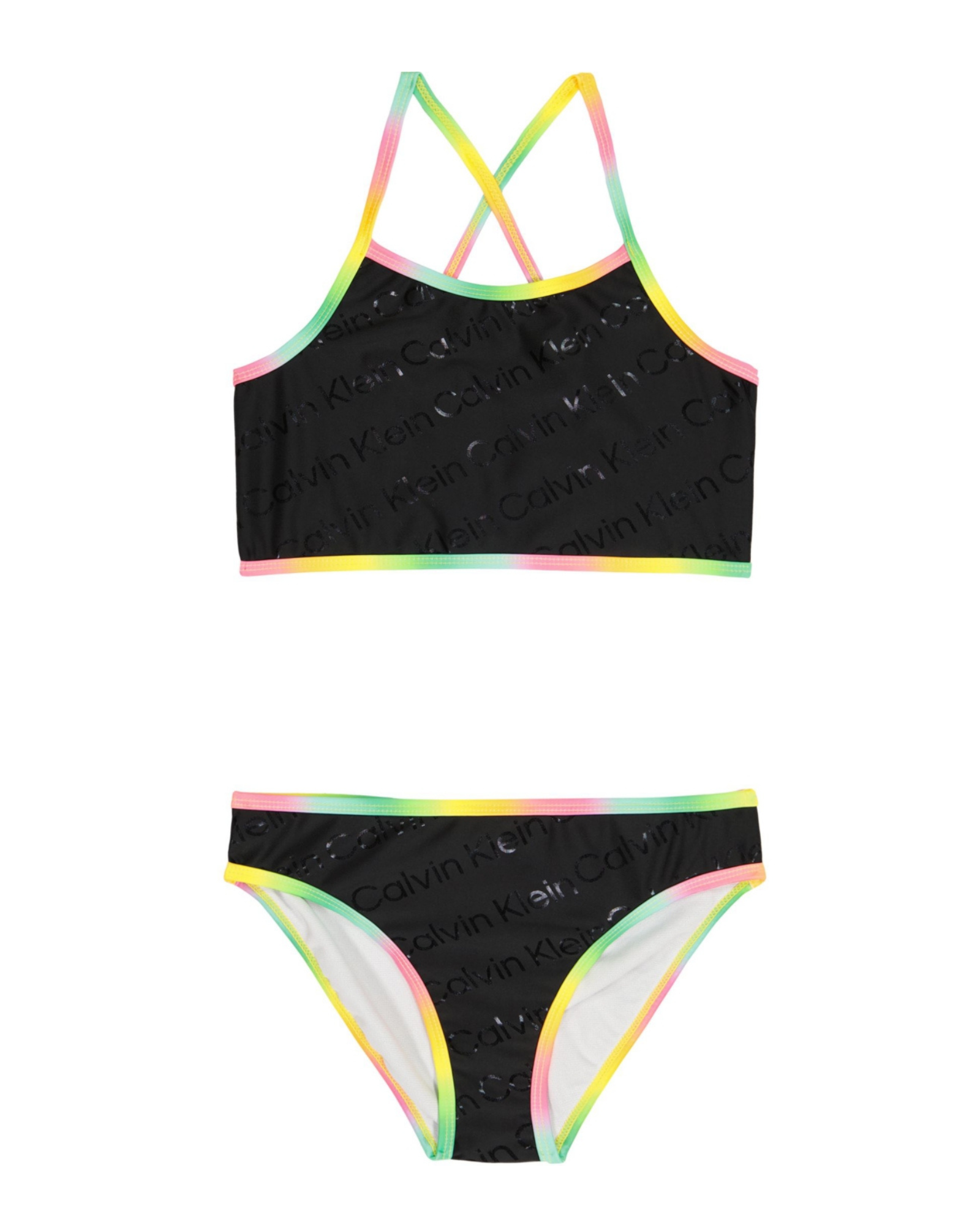 Black swimsuit with rainbow straps and trim on a white background