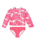 Pink and white tie-dye long-sleeve rash guard and bikini bottom set on a white background