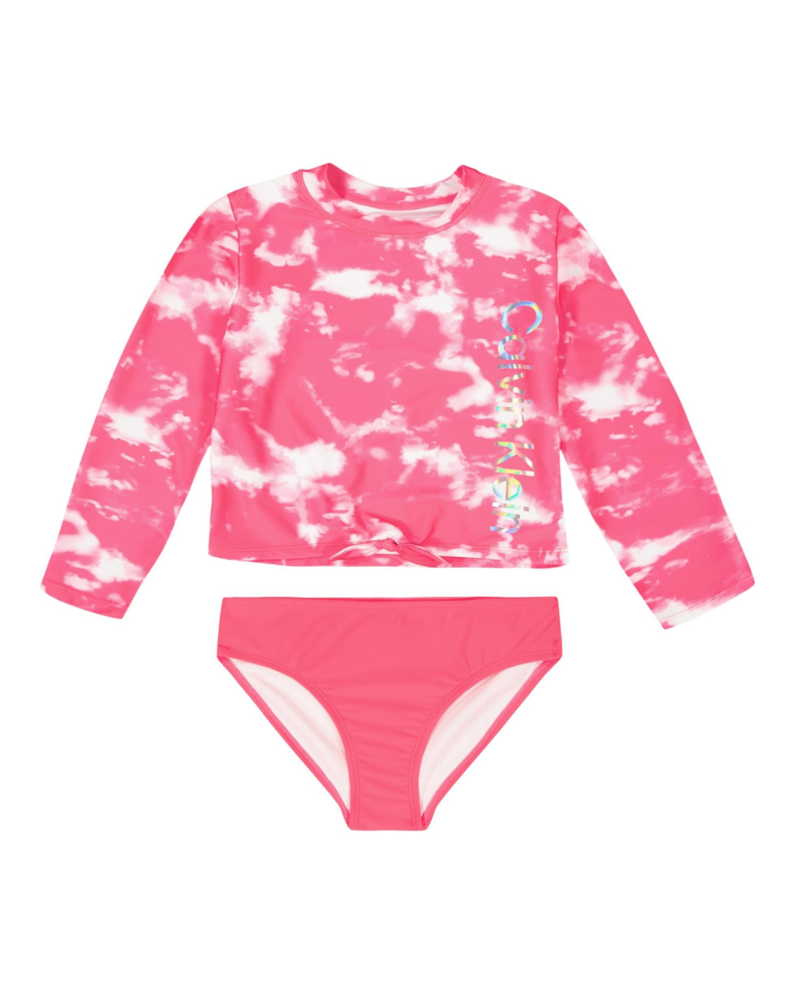 Pink and white tie-dye long-sleeve rash guard and bikini bottom set on a white background