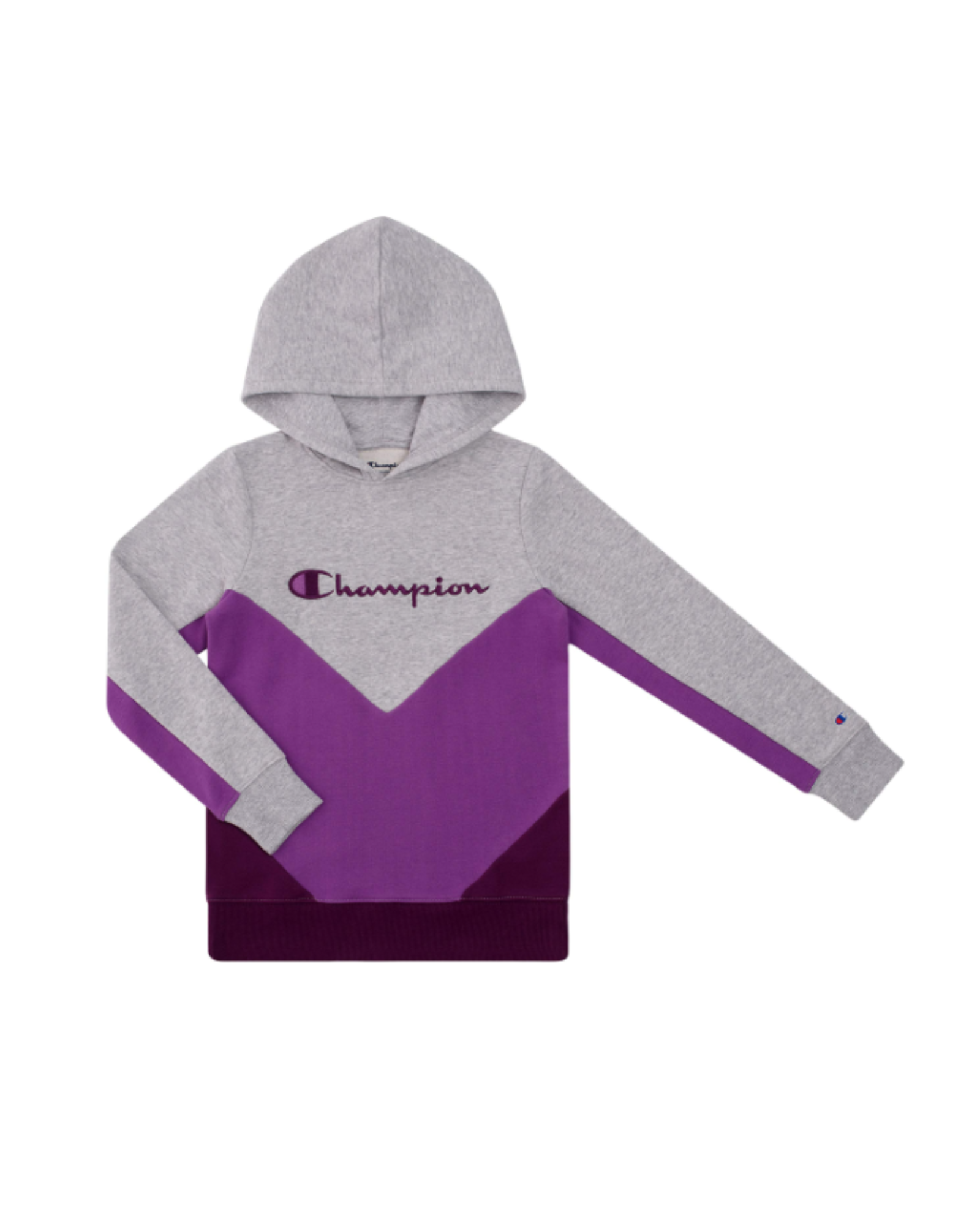 Gray and purple hoodie with Champion logo on a white background