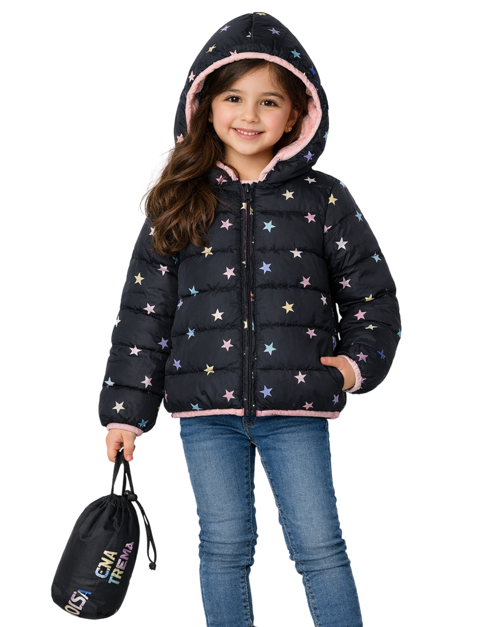 Child wearing a black puffer jacket with star pattern