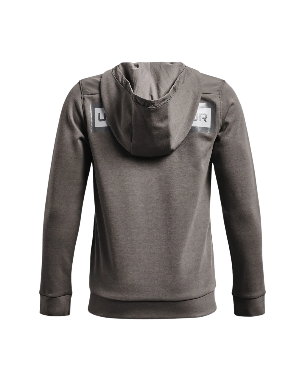 Junior Boys Gray hoodie with brand logos on the back against a white background
