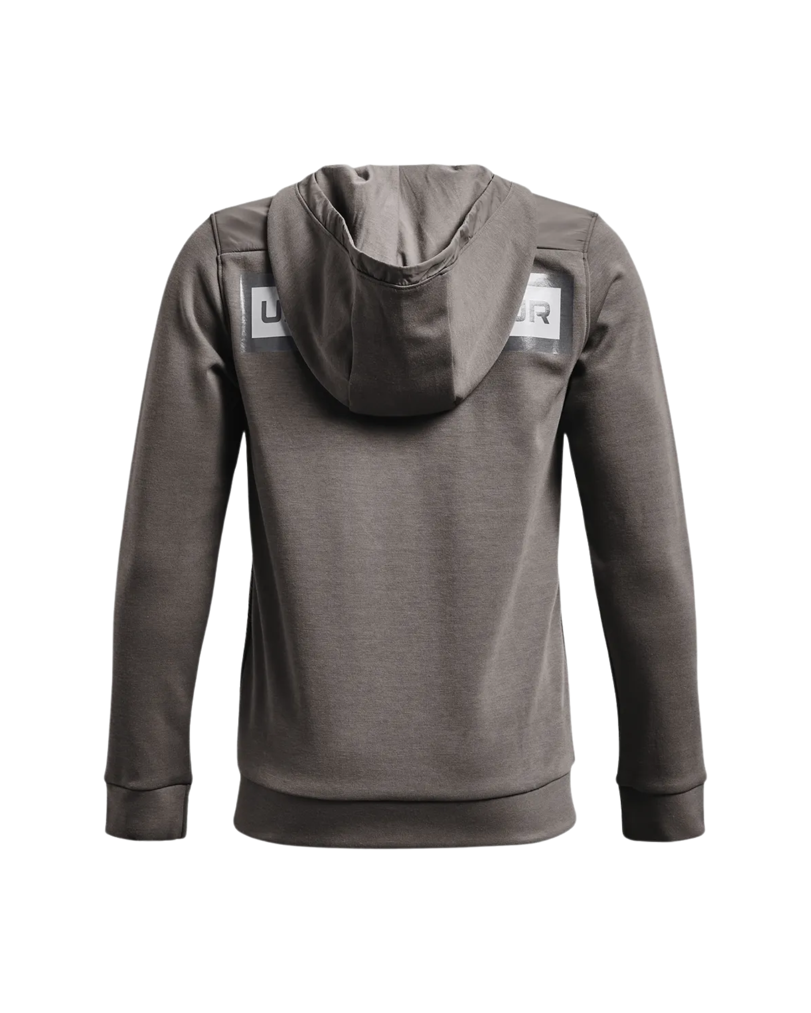 Junior Boys Gray hoodie with brand logos on the back against a white background