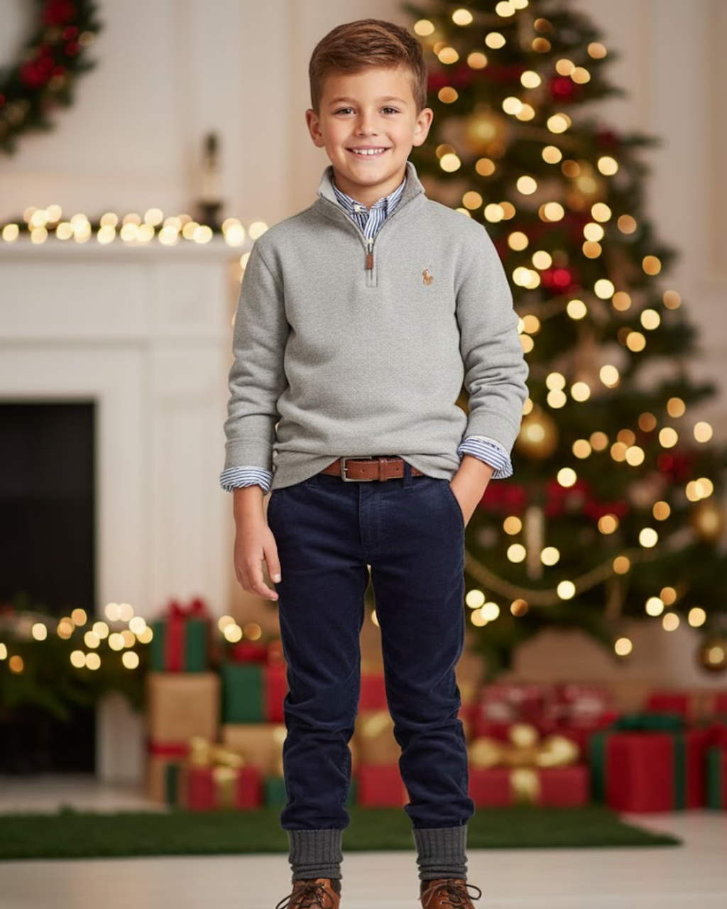 Young boy in a gray sweater and navy pants standing in front of a decorated Christmas tree and fireplace.
