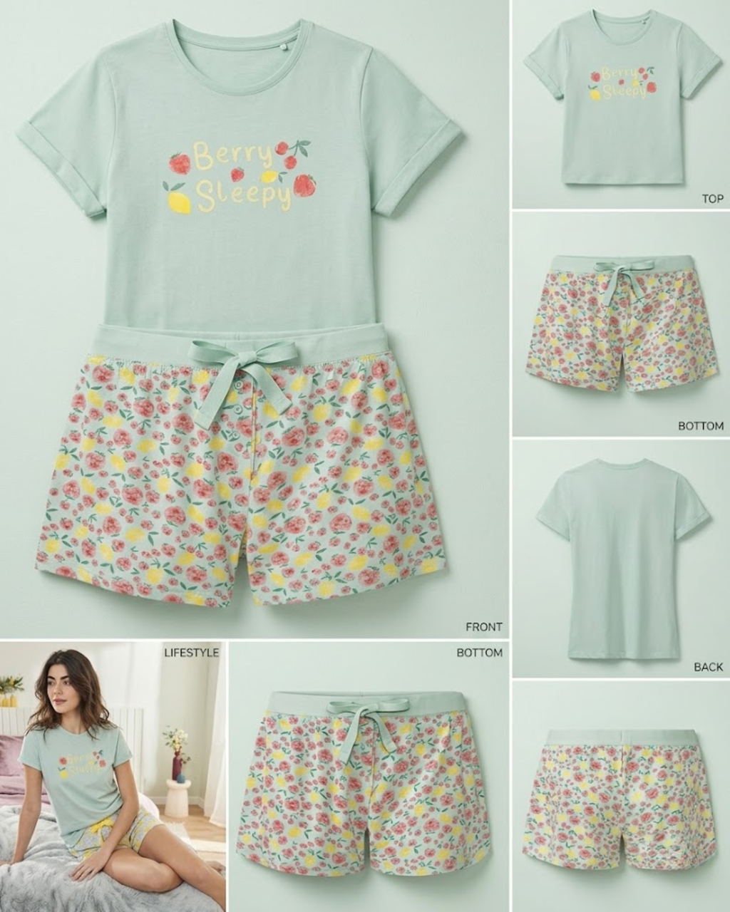 Collage of a pajama set with a t-shirt and floral shorts on a light gray background.