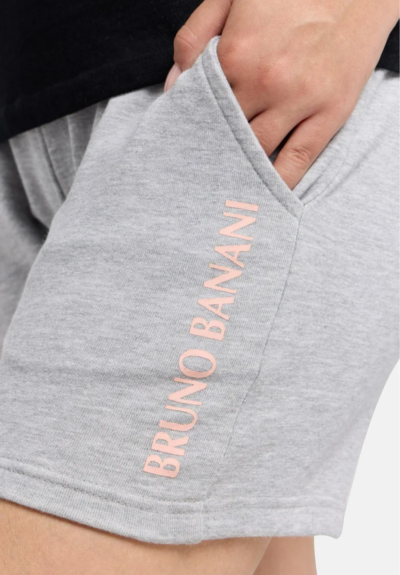Gray shorts with 'Bruno Banani' branding on a white background
