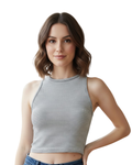 Young Woman wearing a gray striped tank top 