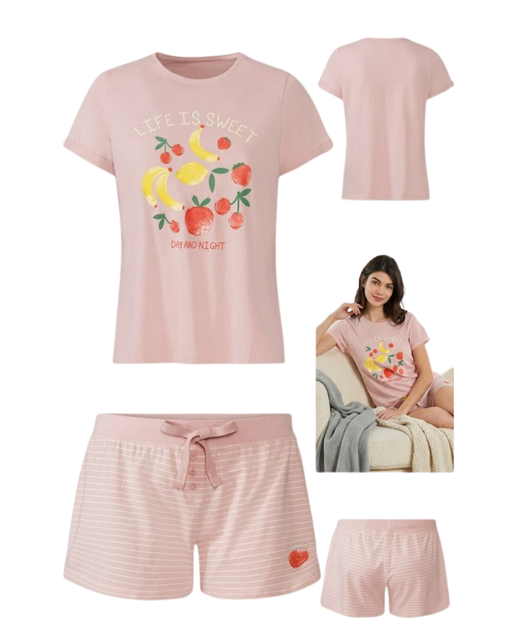 Pink pajama set with fruit design and shorts, featuring a model wearing the set.