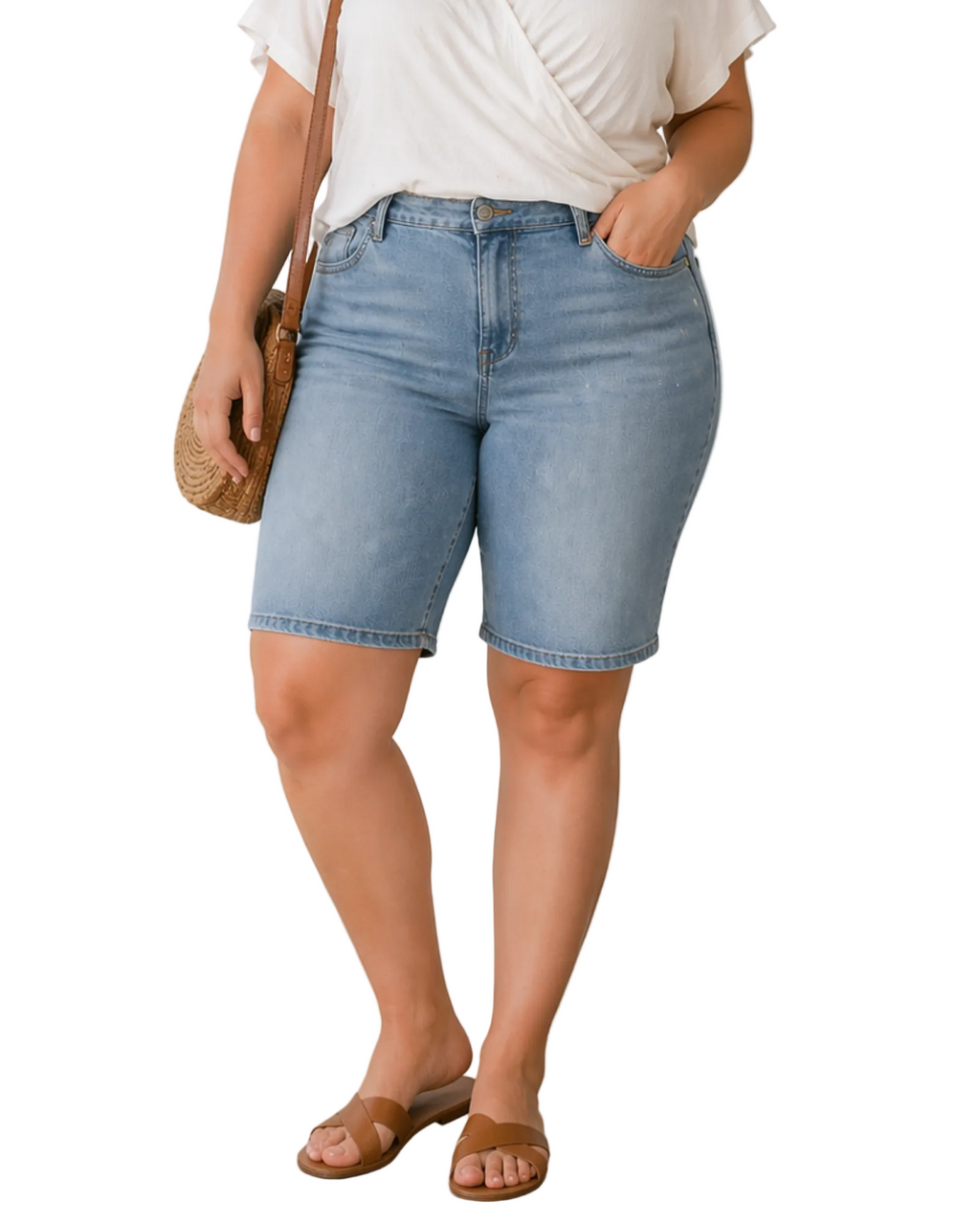 Person wearing light blue denim shorts and a white top, standing indoors.