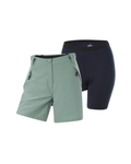 Two pairs of shorts, one green and one navy, on a white background.