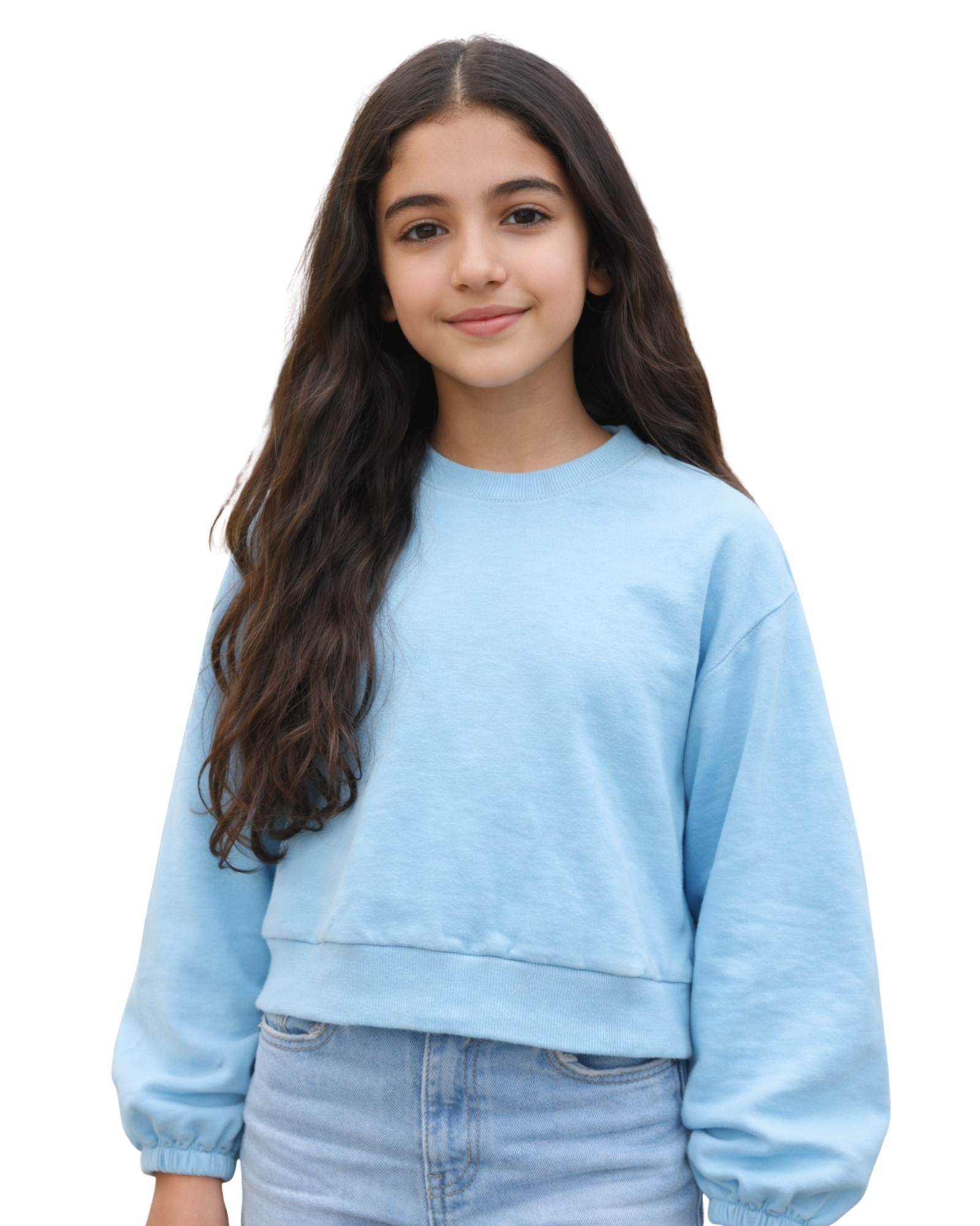Young girl wearing a light blue sweatshirt on a white background