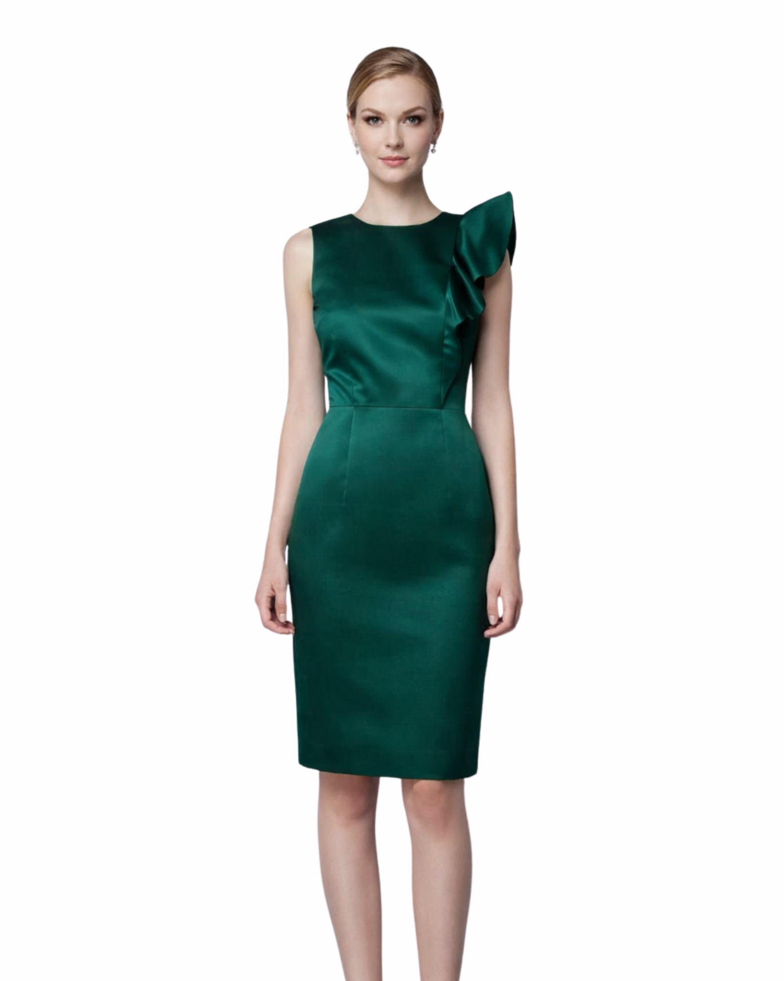 Woman wearing a green dress on a white background