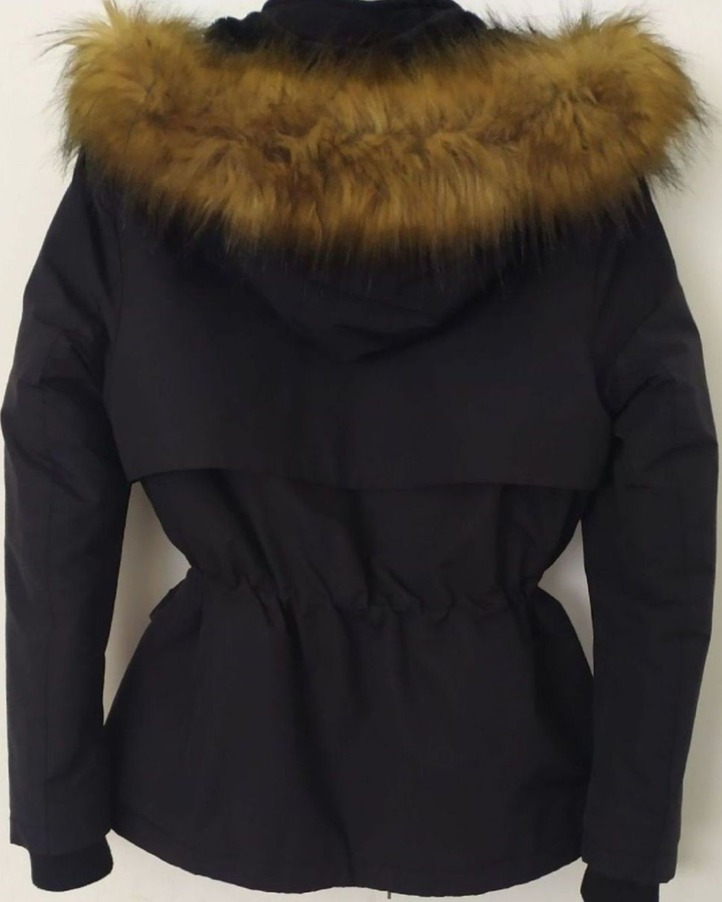 Black winter jacket with a fur-lined hood 