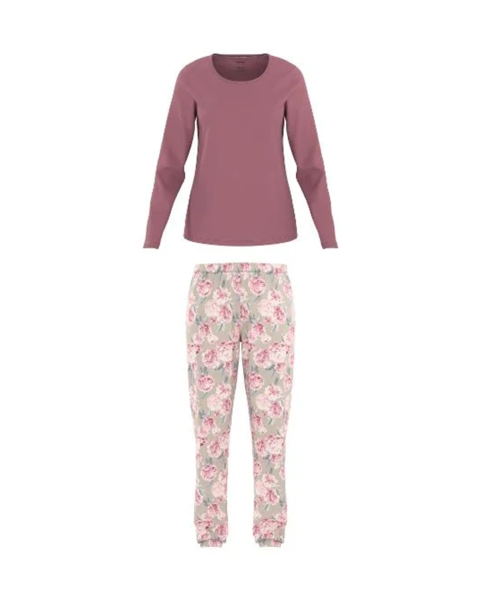 Pink long-sleeve top and floral pants on a white background