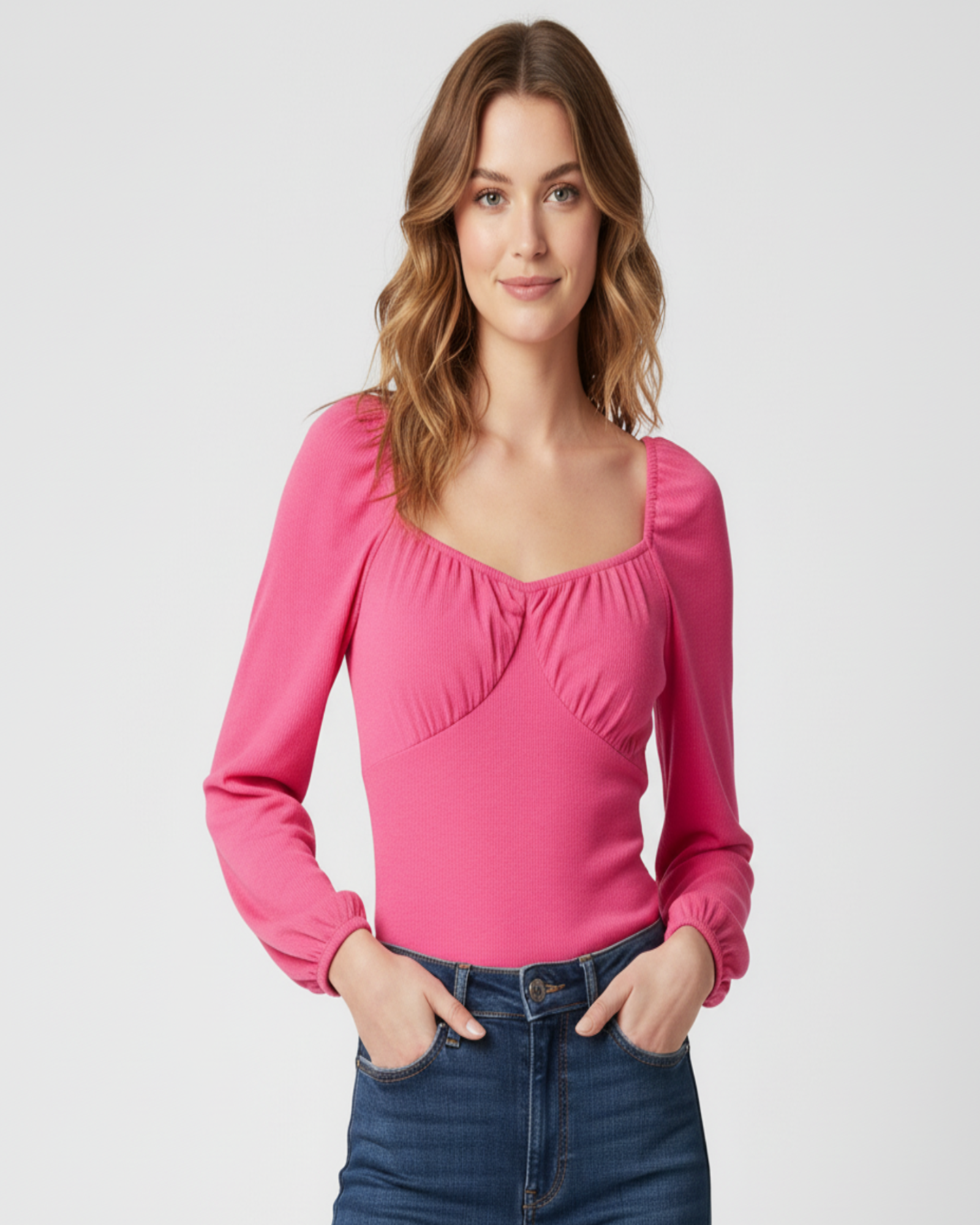 BAR III - Hot Pink Sweetheart Neck Ribbed Long Sleeve Top