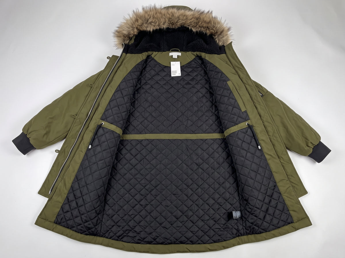 H&M - Olive Green Winter Parka with Quilted Interior & Fur-Trimmed Hood