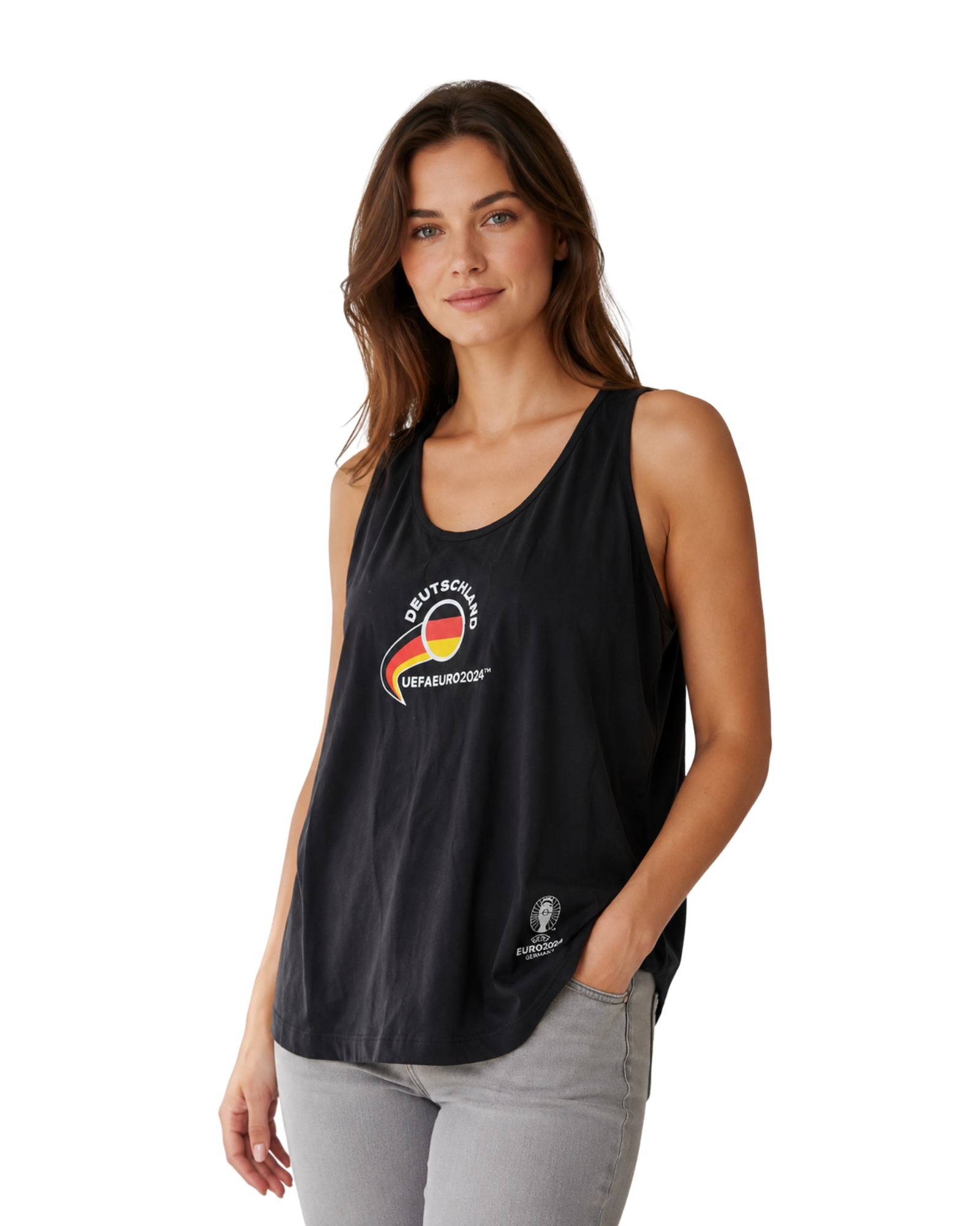 Woman wearing a black tank top with a logo on a white background