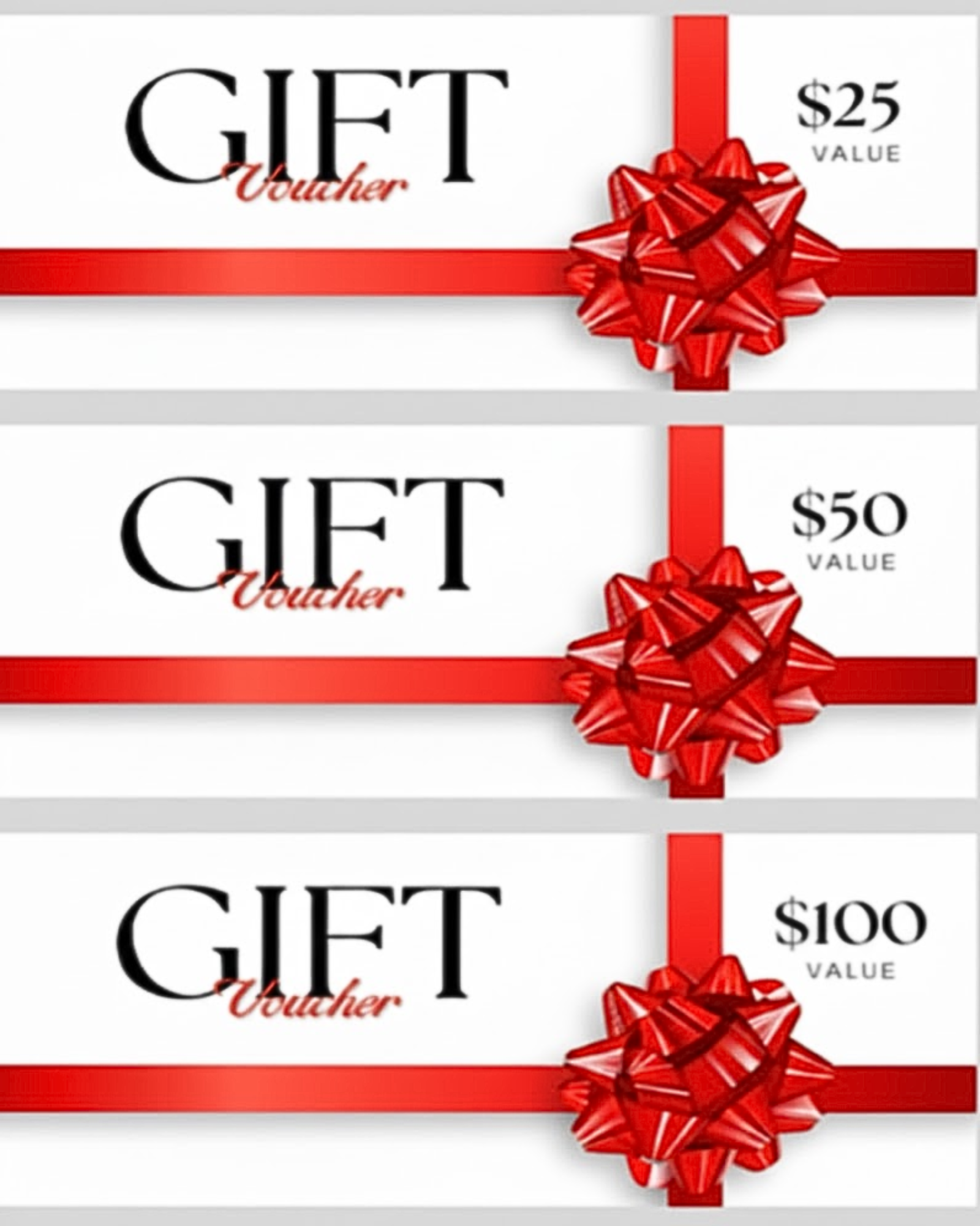 Three gift vouchers with red bows and varying values on a white background