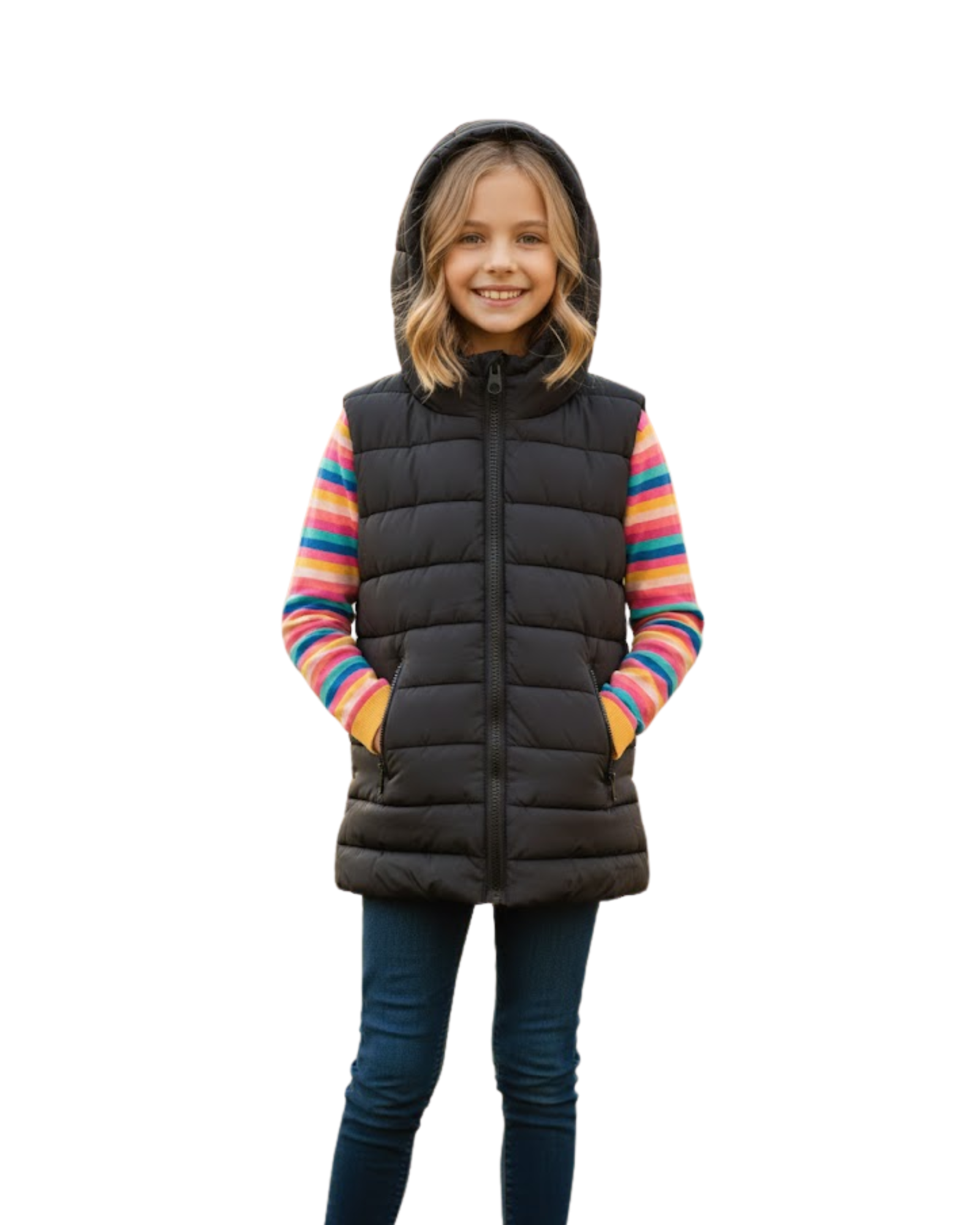 Child wearing a black puffer vest over a colorful striped shirt on a white background