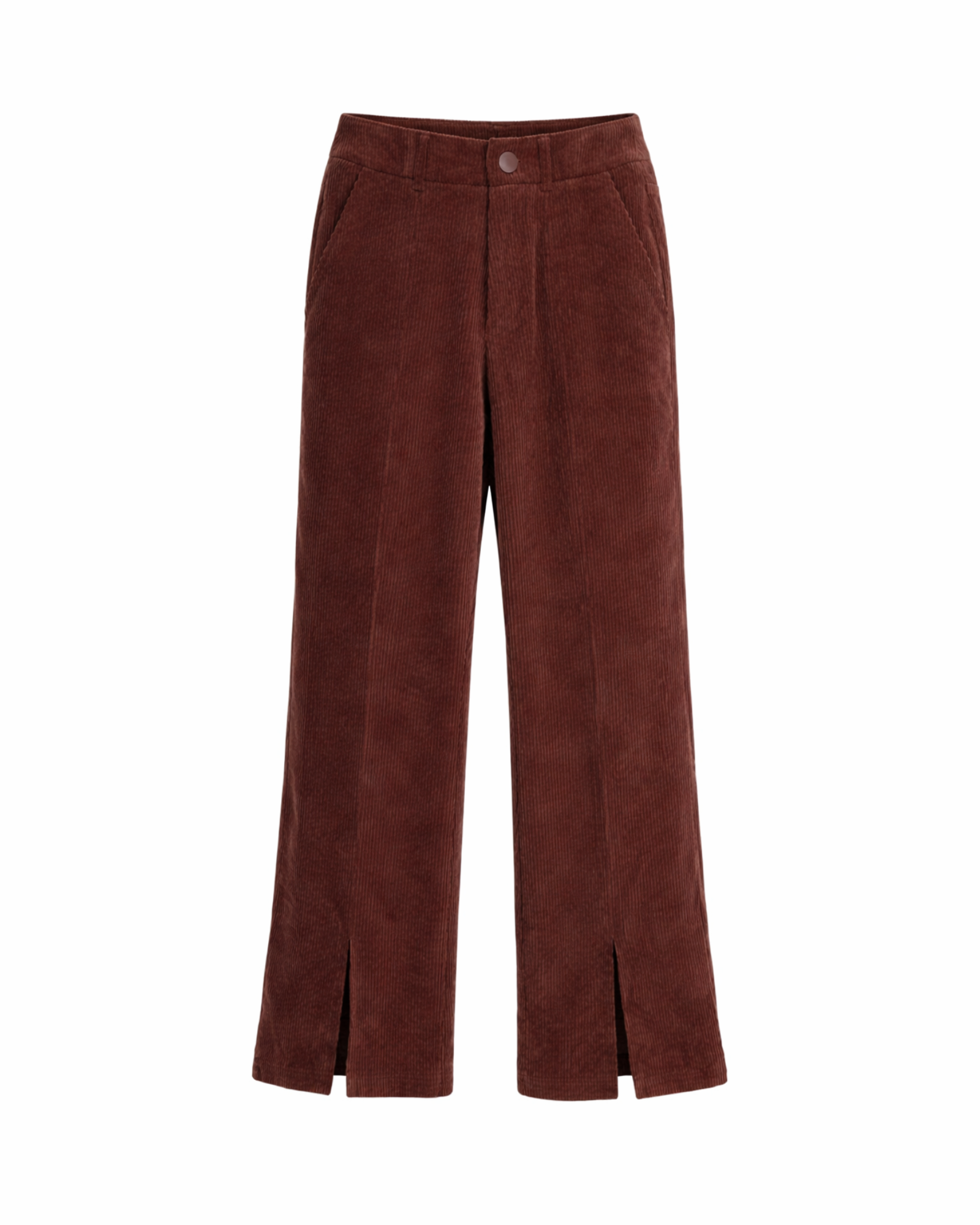 Brown corduroy pants with a front split on a white background