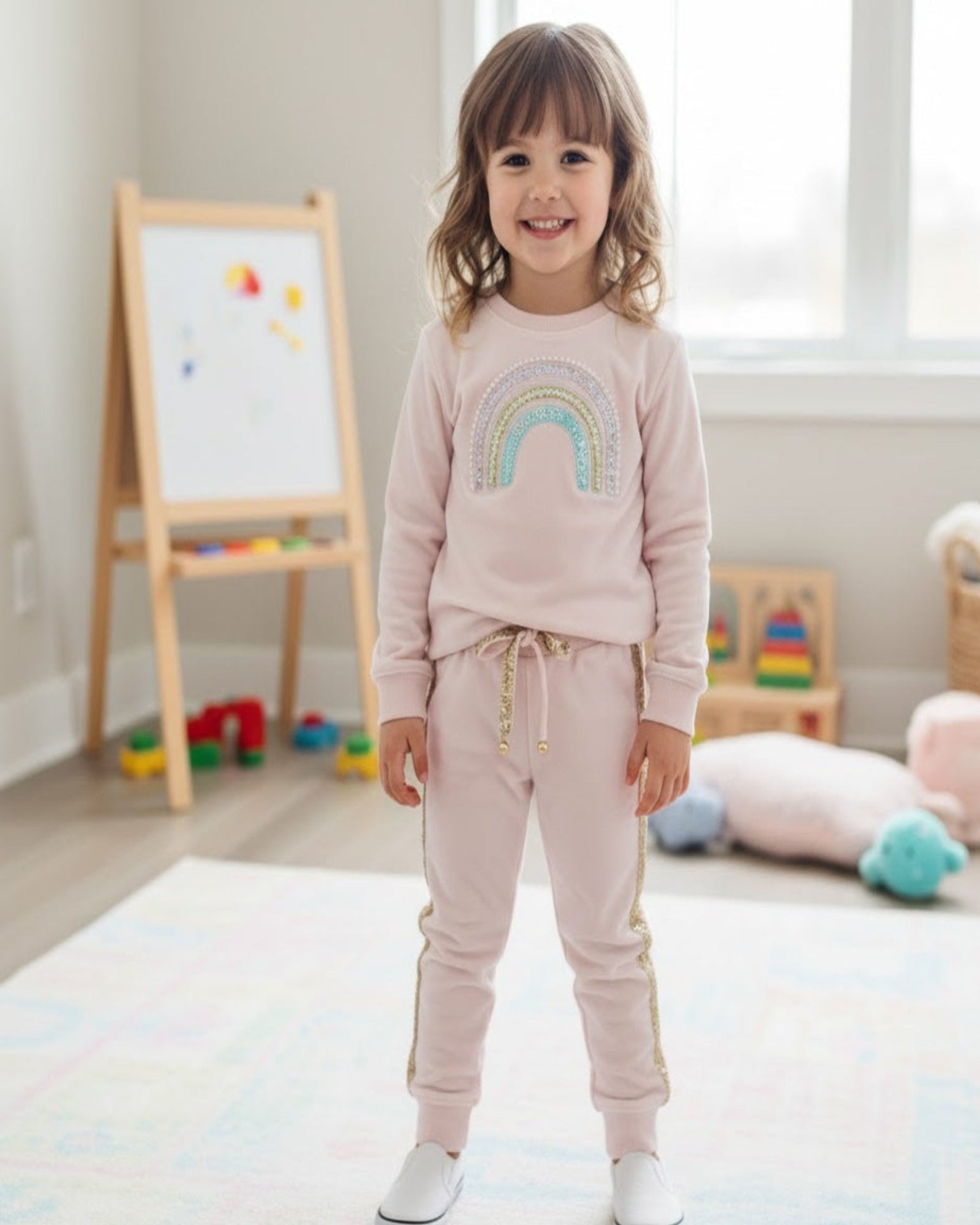 Child wearing a pink outfit with a rainbow design in a room with toys and a whiteboard.