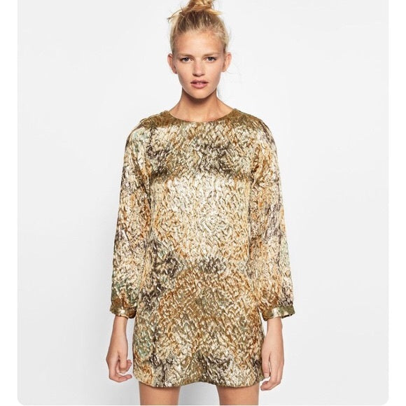 ZARA TRAFALUC - Metallic Textured Long Sleeve Mini Dress