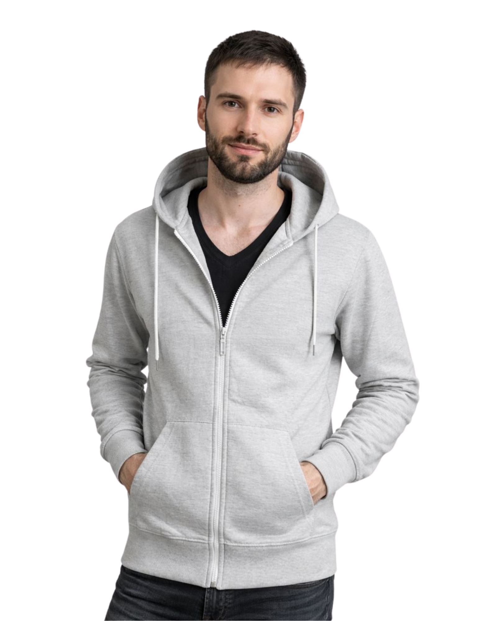 Man wearing a gray hoodie on a white background