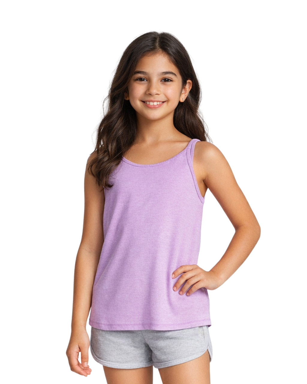 Young girl wearing a purple tank top and gray shorts on a white background