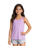 Young girl wearing a purple tank top and gray shorts on a white background