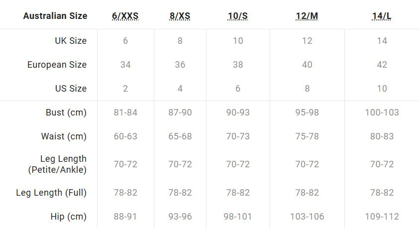 Size chart comparing Australian, UK, European, and US sizes with measurements in centimeters.