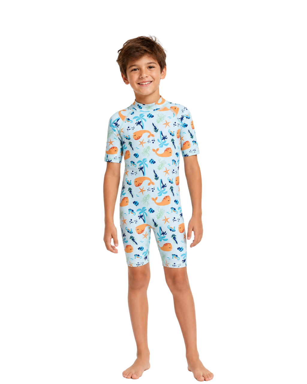 Child wearing a blue swimsuit with animal prints on a white background