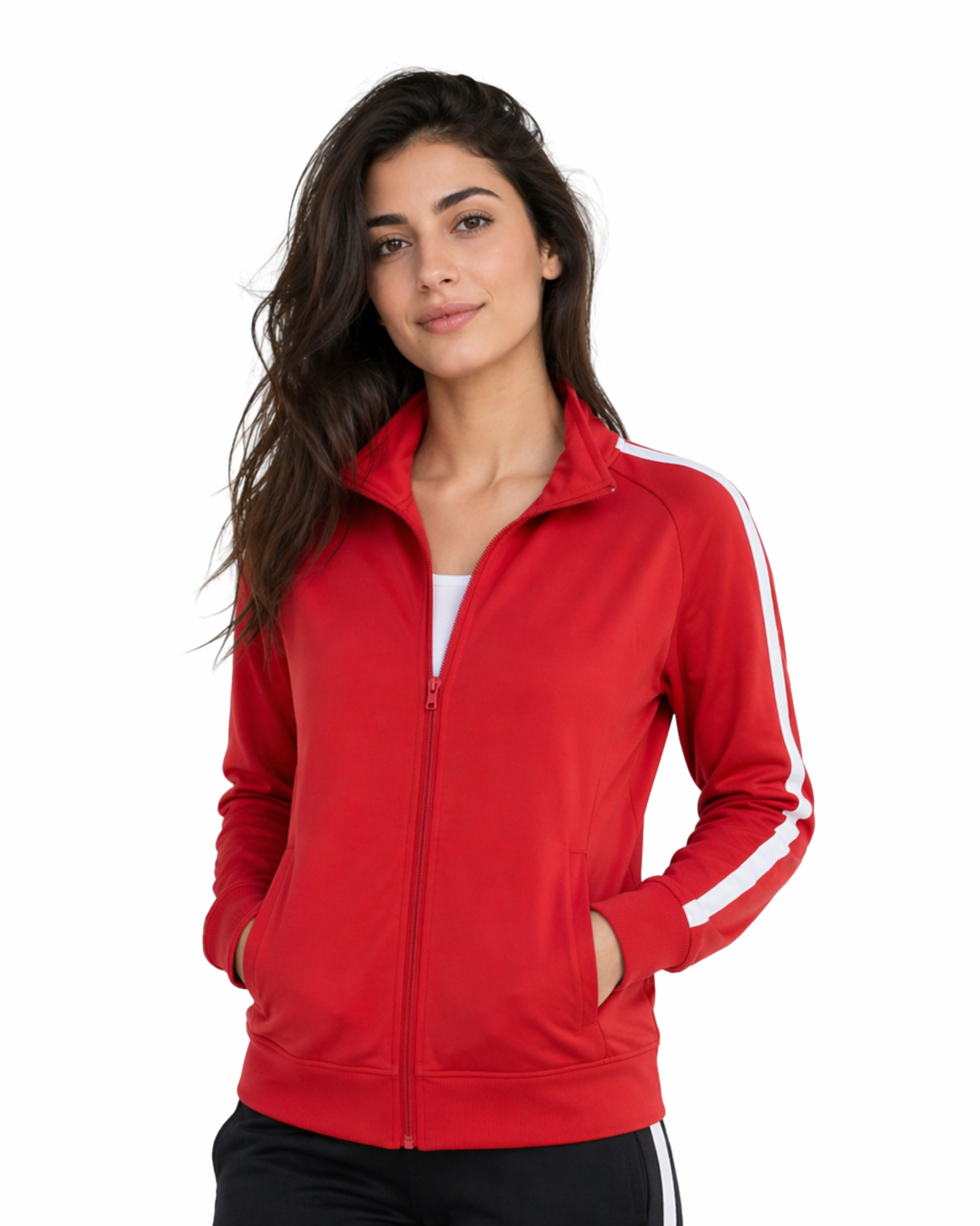 Woman wearing a red track jacket with white stripes on a white background