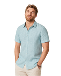Men wearing Linen Blend Short Sleeve Shirt and beige pant 