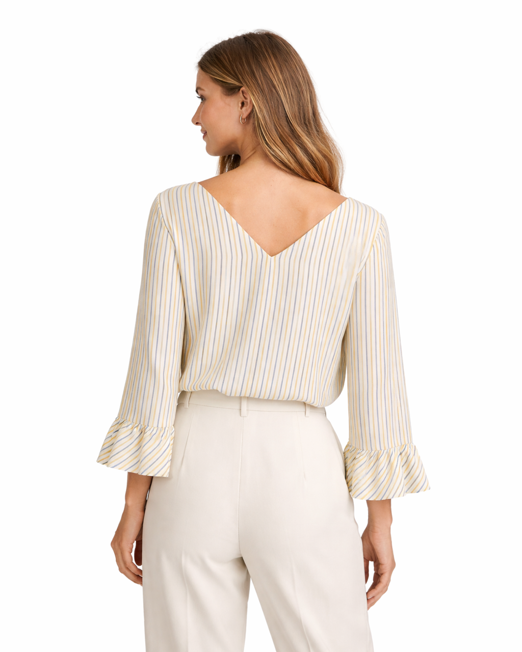 Woman wearing a striped blouse and white pants on a white background