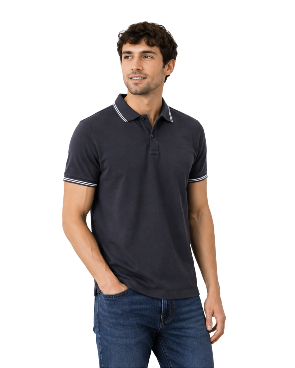 Men’s Navy Polo Shirt Regular Fit with Striped Collar and Cuffs