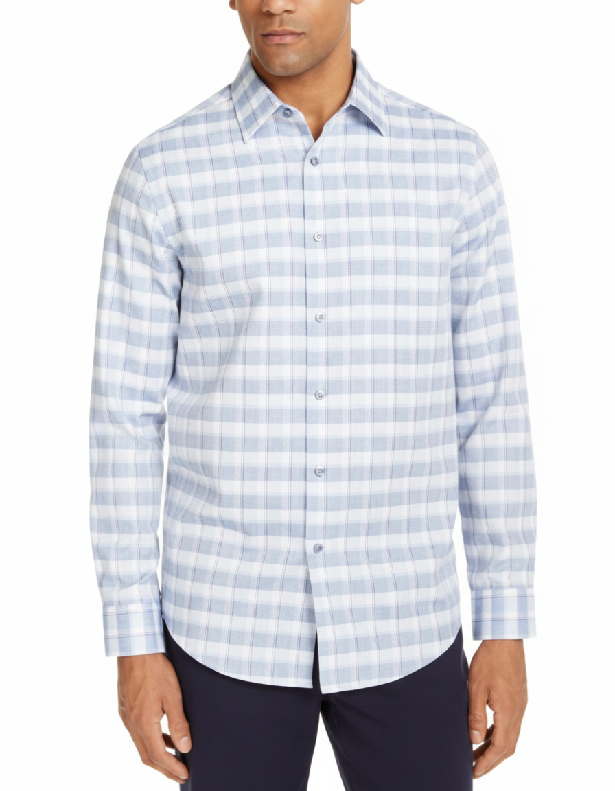Man wearing a blue and white checkered shirt on a white background