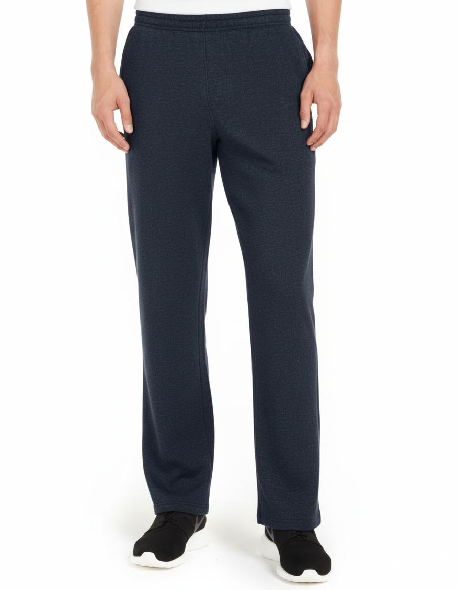 Navy blue pants worn by a person on a white background