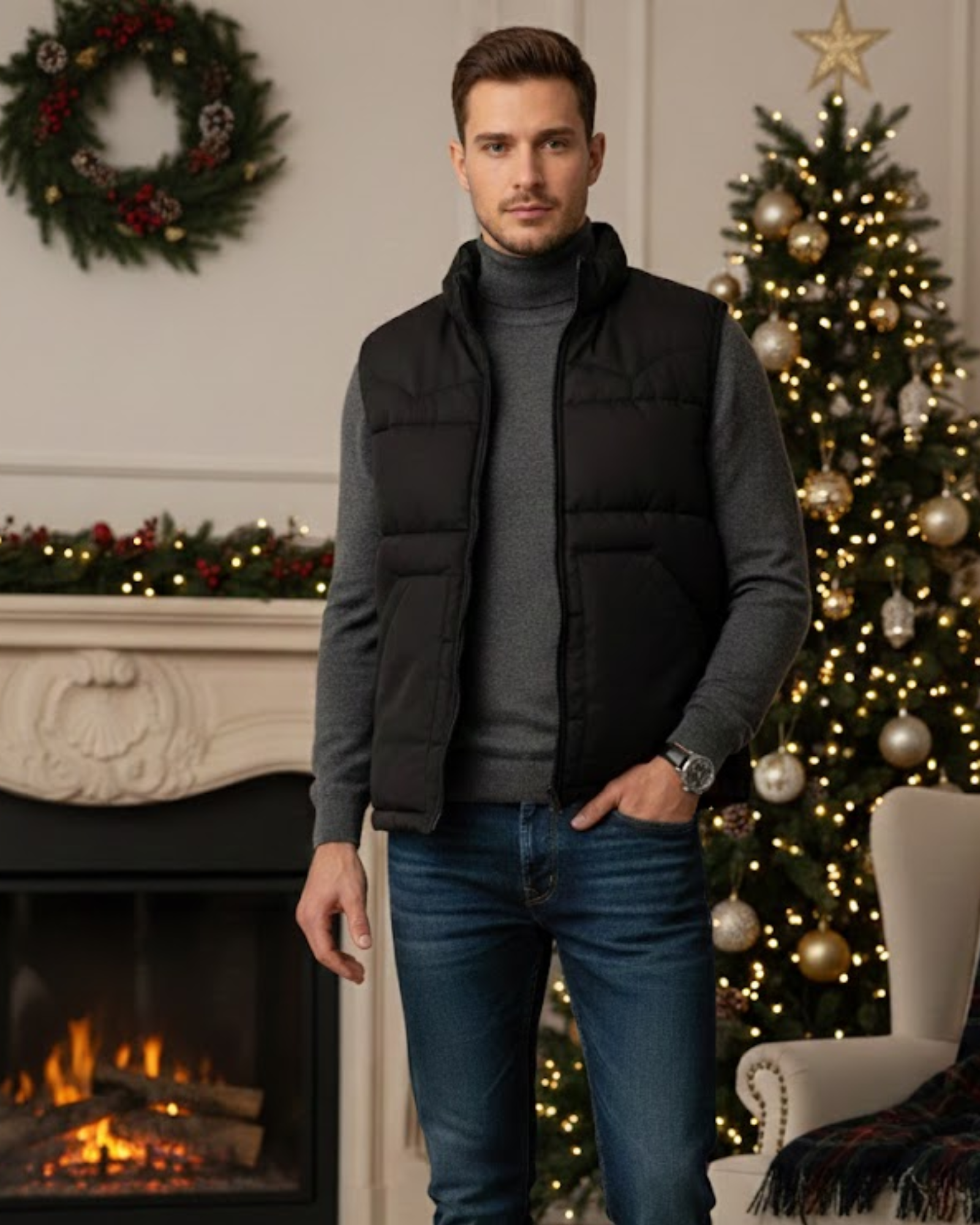Man wearing a black puffer vest with a sweater top and a jeans in a festive room with a Christmas tree and fireplace.