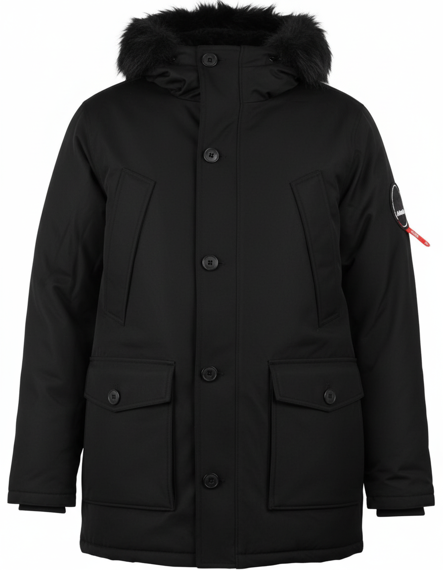 Black parka coat with fur hood