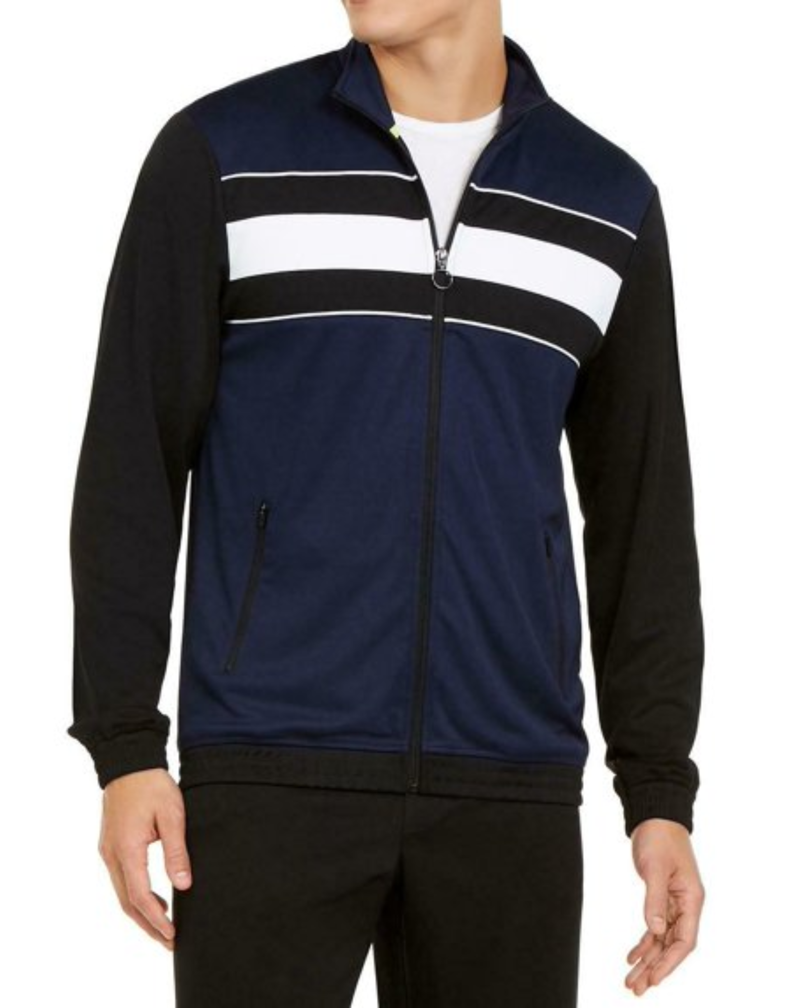 Navy and black jacket with white stripes 
