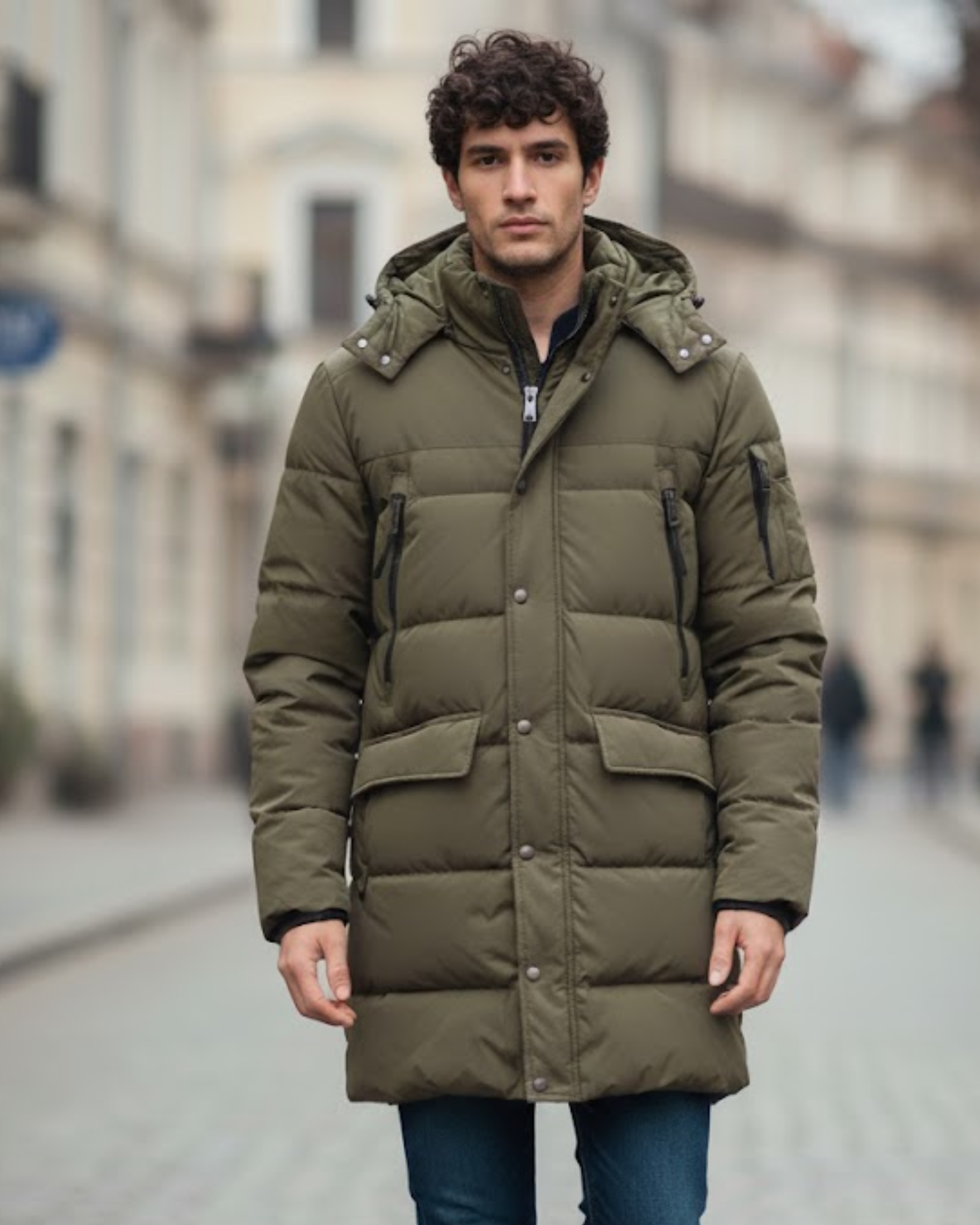 Man wearing a green puffer coat on a city street