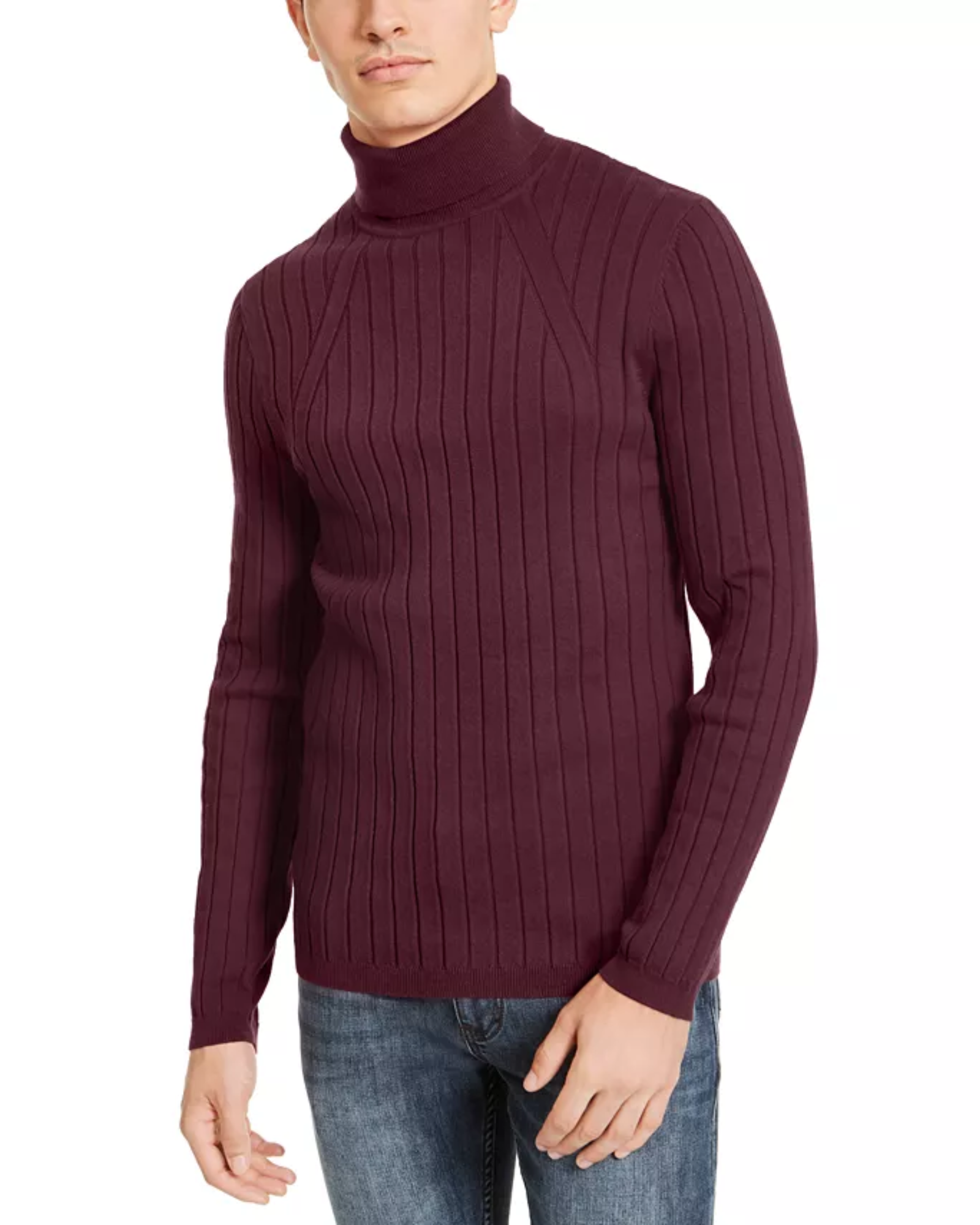 Maroon turtleneck sweater worn by a person on a white background