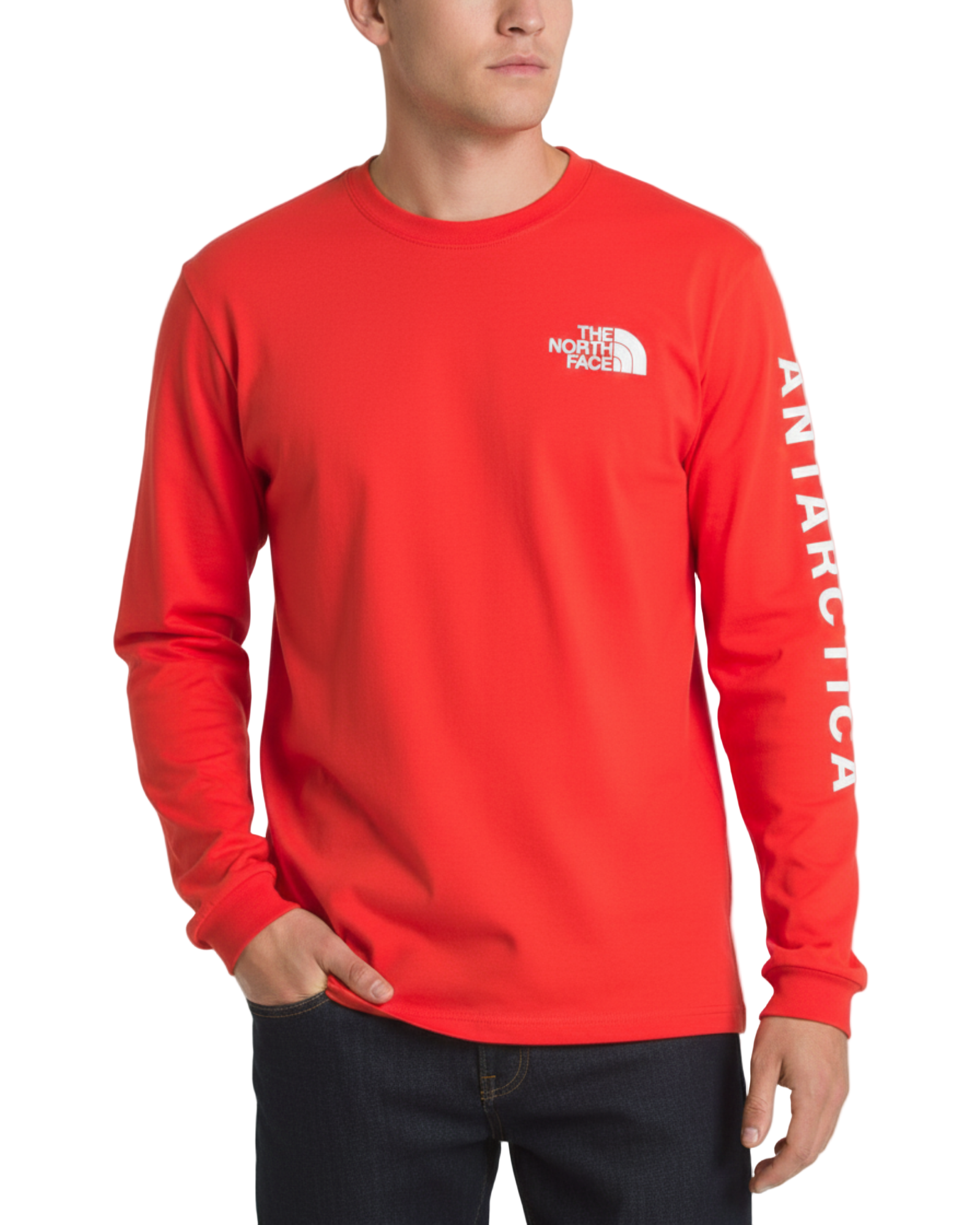 Person wearing a red long-sleeve shirt with 'The North Face' logo and 'Antarctica' text on a white background