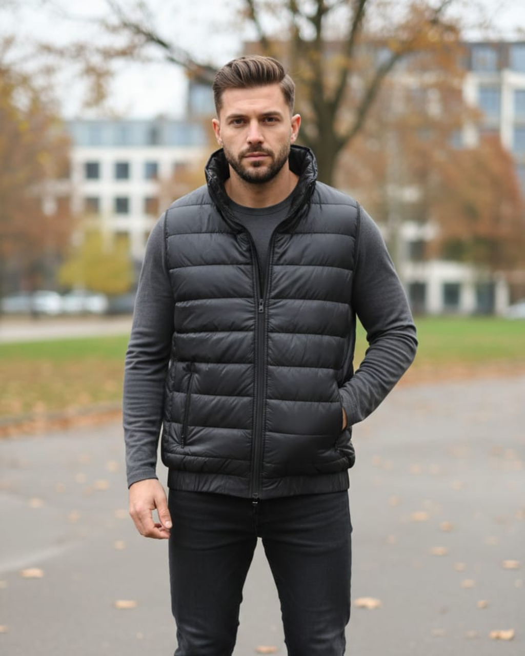 Man wearing a black puffer jacket standing outdoors with blurred background