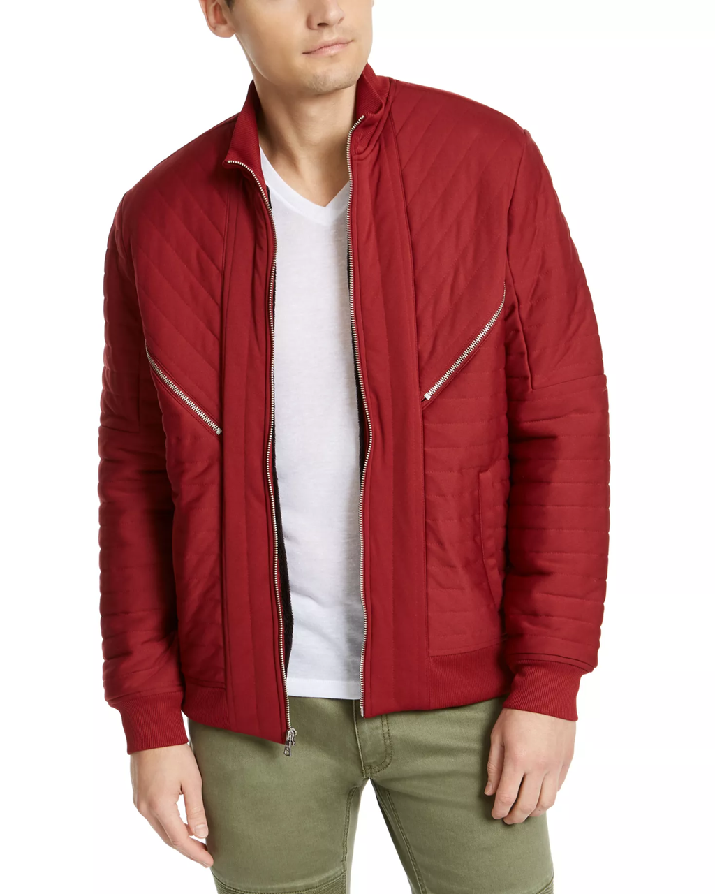 Man wearing a red jacket with white accents