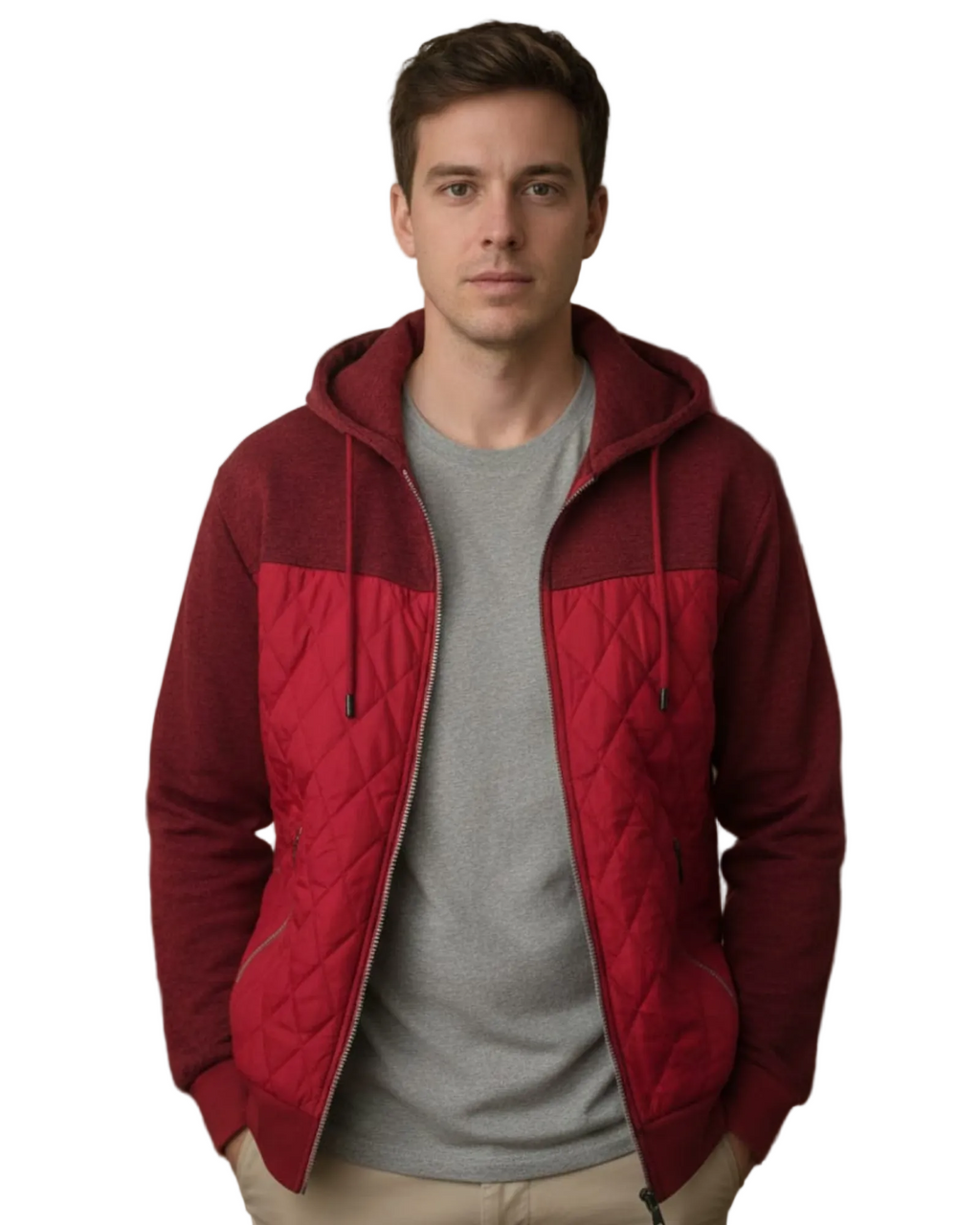 Man wearing a red quilted jacket
